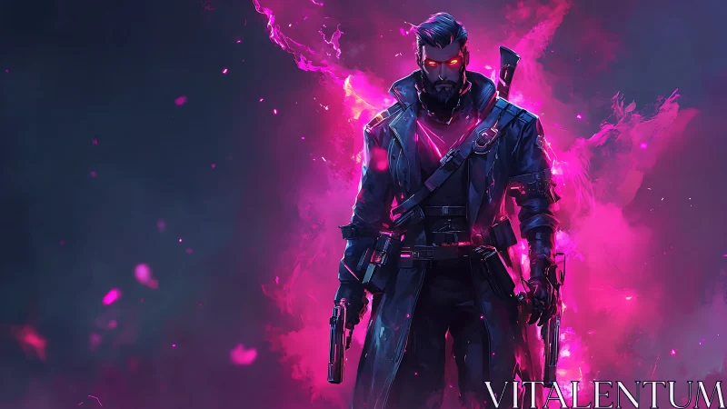 Neon gunslinger stalks through ultraviolet stormfire haze