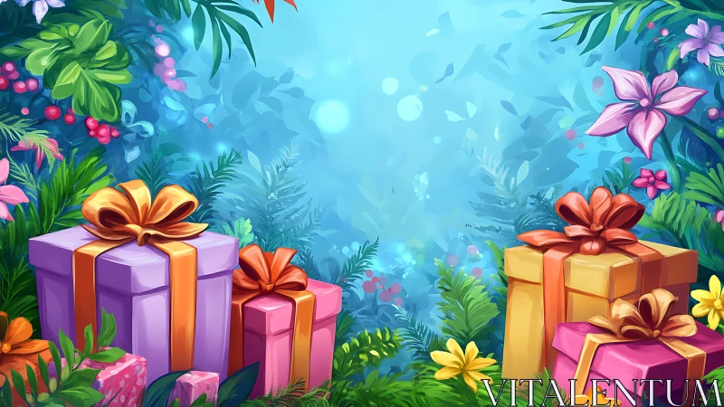 Festive Gifts Among Tropical Blooms and Glowing Bokeh