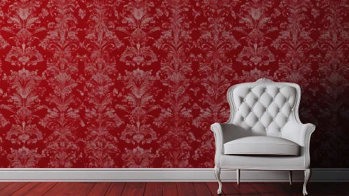 White tufted armchair against patterned red wall interior.