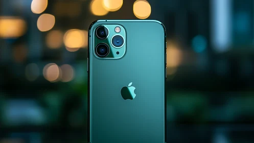iPhone Pro smartphone with triple lens camera setup in teal color.