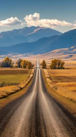 Linear gravel roadway through autumnal valley toward mountains.