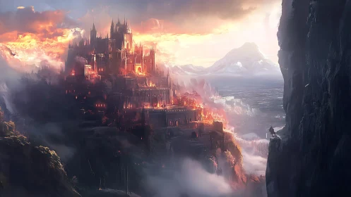 Stormlit ember citadel atop the shrouded mountain gorge.