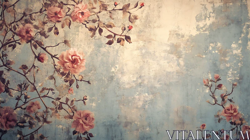 Faded floral branches drift softly across a vintage wall