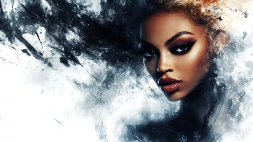 Smoky digital portrait of fierce woman emerging from void.