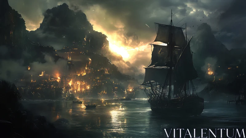 Warship approaches burning coastal city at dark sunset.