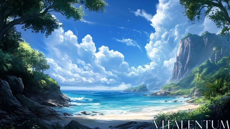 Coastal cove surrounded by vertical cliffs and tropical vegetation