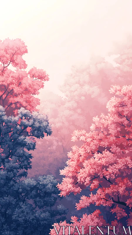 Dreamlike pink forest canopy glows in hazy morning light.