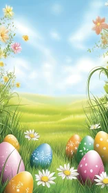 Colorful Easter eggs rest in a bright spring meadow.
