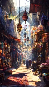 Crowded covered market alley with lamps and textiles.