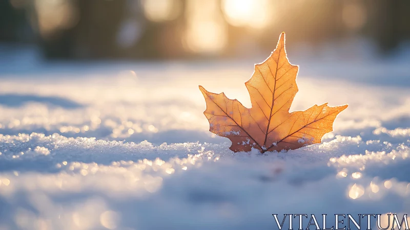 Lone maple leaf glowing warmly on frosted winter snowfield.