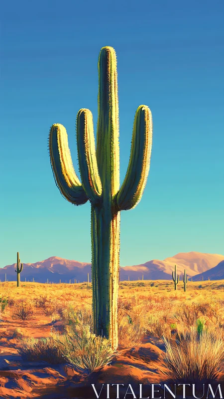 Vertical saguaro cactus dominates stylized desert landscape at dusk