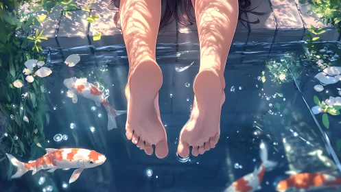 Sunlit koi pond footbath with caustic-shadow interplay.