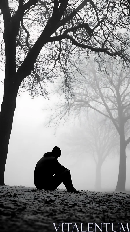 Solitary silhouette brooding beneath winter&rsquo;s quiet trees.
