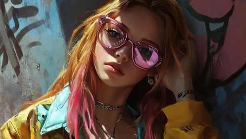 Cool street portrait of a girl in pink sunglasses and color.