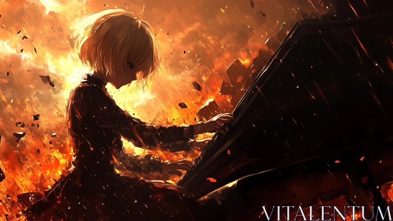 Side view shows pianist silhouette against dense fiery backdrop