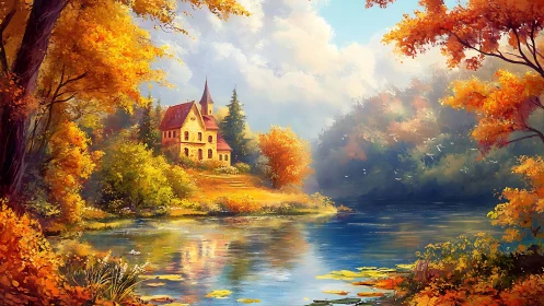Lakeside autumn villa under cumulus sky, reflective water surface