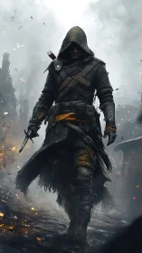 Hooded rogue in cinematic post-apocalyptic alleyway composition.