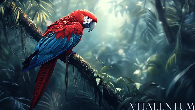 Scarlet macaw rests on a misty jungle branch at dawn.