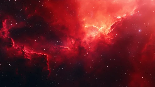 Ionized hydrogen nebula forms red emission cloud with dense starfield