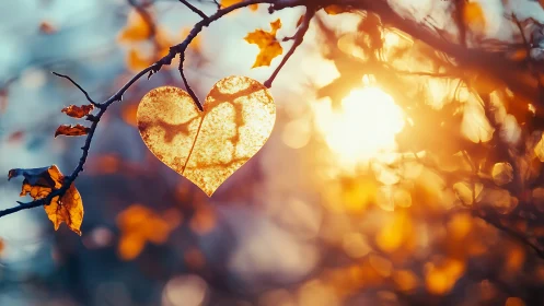 Heart shaped autumn leaf glowing in soft golden sunset.