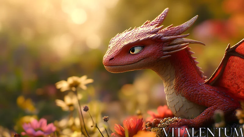 Young red dragon sits among wildflowers at golden hour