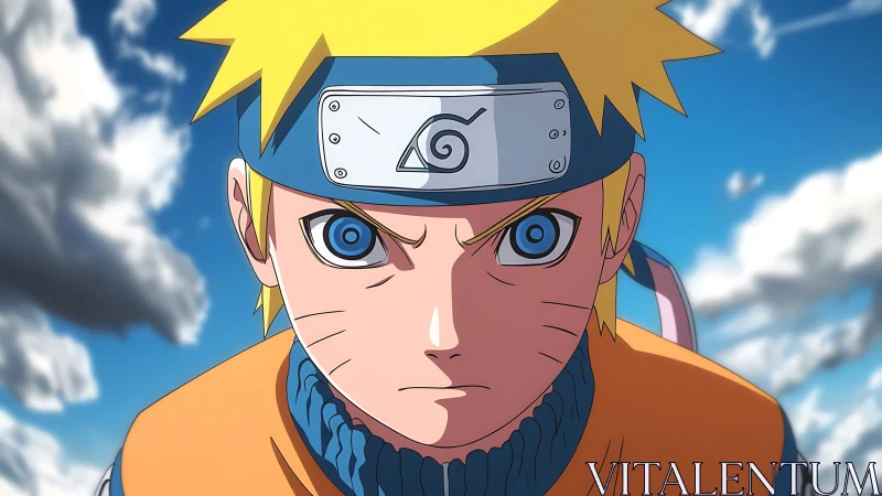 Centered anime portrait shows determined ninja under dynamic sky