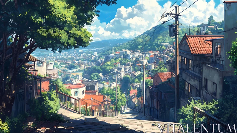 Sunlit hillside street overlooking dense coastal valley city