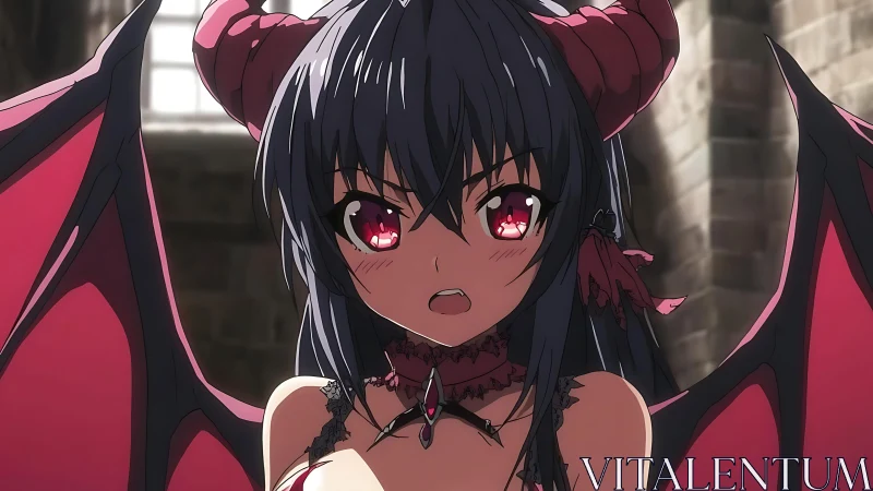 Demon-winged anime girl in gothic castle light.