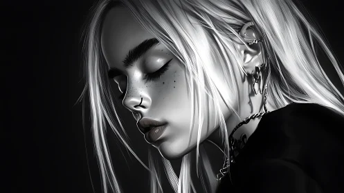 Monochrome side-profile portrait of pierced girl in shadow