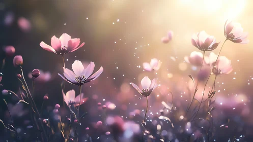 Ethereal Pink Cosmos Flowers Bathed in Golden Sunlight.