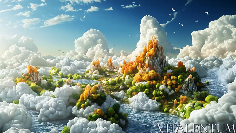 Floating Island Archipelago in Cumulus Cloud Sea Landscape