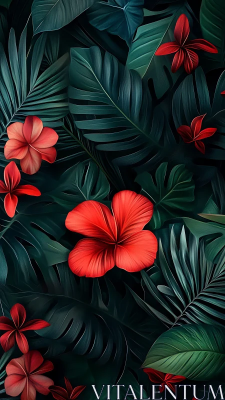 Vibrant Red Flowers Against Moody Tropical Foliage.