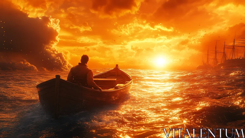 Lone rowboat advances toward a blazing, hopeful sunset at sea