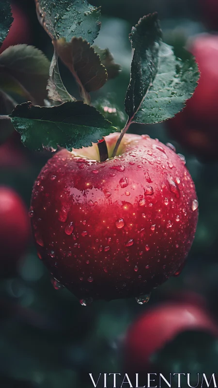 Ripe red apple hangs after rain in lush orchard light