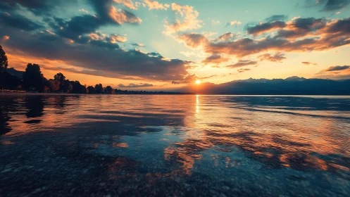 Sunlit lake horizon glows beneath sweeping evening clouds.