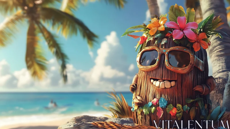 Anthropomorphic Tropical Sentinel: Rendered Wood Character in Island Tableau.