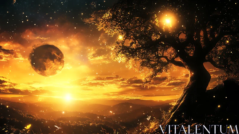 Golden twilight sky wraps a magical tree and distant moon