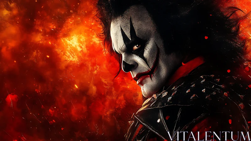 Sinister clown portrait against blazing inferno backdrop.