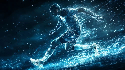 Soccer player rendered in glowing blue energy motion effect