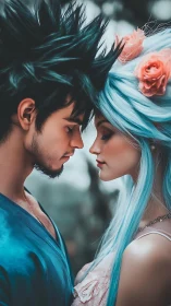 Fantasy couple shares tender moment in misty forest light