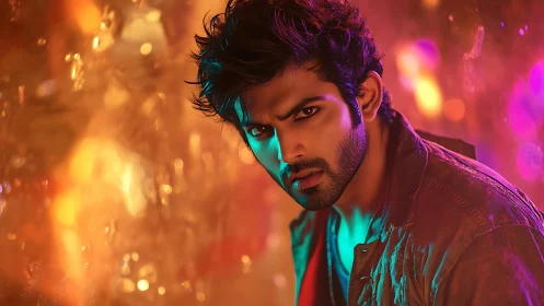 Moody male portrait with colorful neon bokeh background.