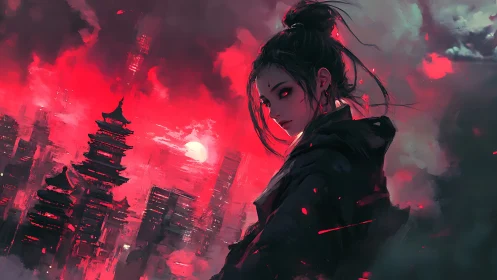 Crimson city watch: a lone guardian over neon pagodas.