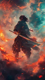 Samurai figure stands within swirling fire and smoke clouds
