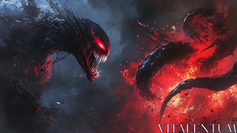 Fiery shadow creature lunges through swirling red chaos.