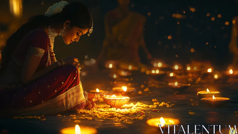 Side-lit woman arranges Diwali oil lamps with shallow depth of field