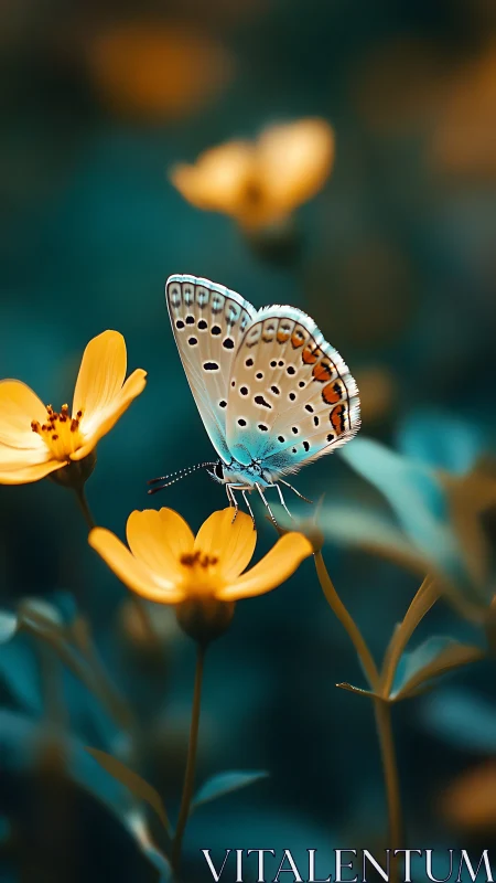 Macro portrait of turquoise butterfly on golden blooms.