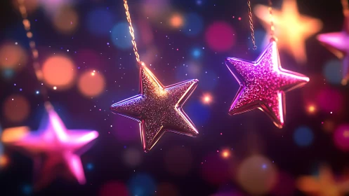 Glittering star ornaments glow amid defocused bokeh lights