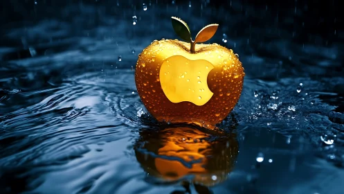 Golden apple logo sculpture in stormy blue water.