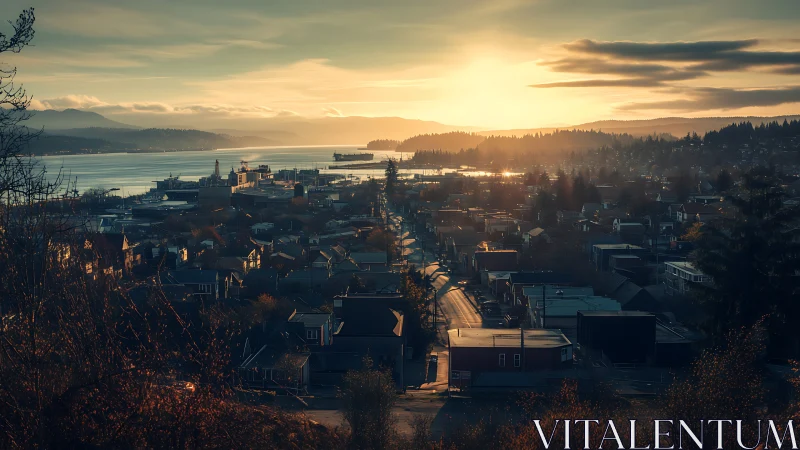 Coastal town panorama under low sun with harbor and hills.