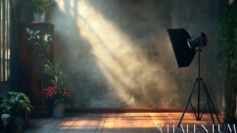 Indoor photography set with plants and dramatic sunlight.